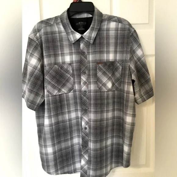 Orvis Men's Short Sleeve Button Up Tech Shirt Spread Collar Pockets Gray Plaid - Picture 2 of 10